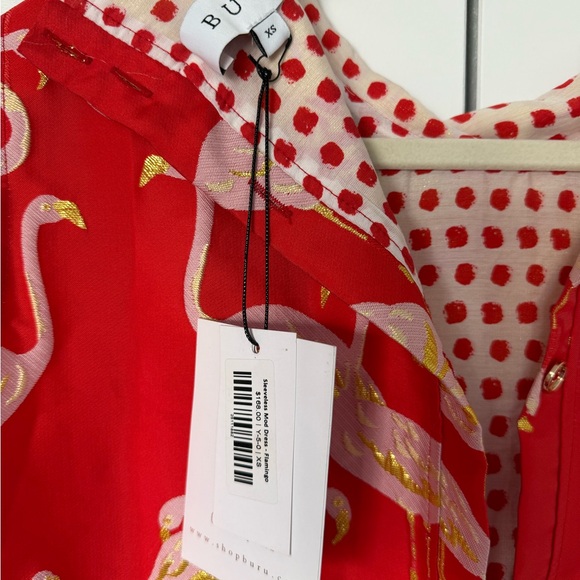 Flamingo Print Red Mini Dress Back Buttons Gold Accents Buru NWT - Picture 4 of 9